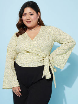 AAREIN - Women Ample Plus Size Floral Printed Bell Sleeves Yellow Top