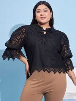 AAREIN - Women Ample Plus Size Self Design Balloon Sleeve Black Top
