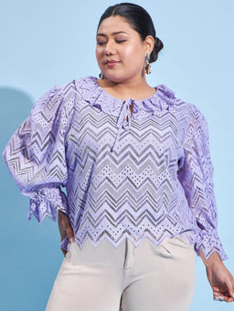 AAREIN - Women Ample Plus Size Self Design Three Fourth Sleeves Lavender Top