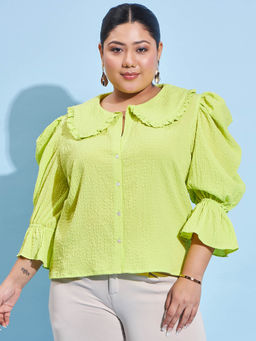 AAREIN - Women Ample Plus Size Self Design Three Fourth Sleeves Green Top