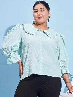 AAREIN - Women Ample Plus Size Self Design Three Fourth Sleeves Blue Top