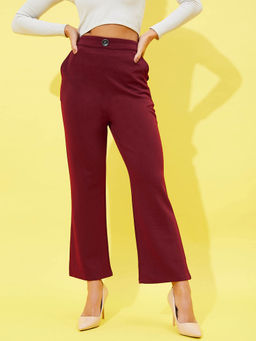 AAREIN - Women Solid Wide Leg Maroon Trouser