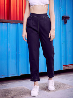 AAREIN - Women Solid Straight Leg Navy Blue Trouser