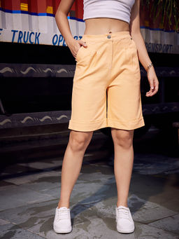 AAREIN - Women Solid Peach Mid Rise Shorts