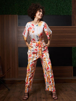AAREIN - Women Floral Printed Half Sleeves Orange Jumpsuit
