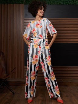AAREIN - Women Floral Printed Half Sleeves Black Jumpsuit