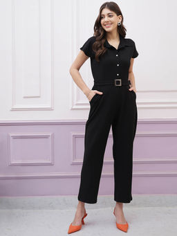 AAREIN - Women Black Solid Shirt Collar Jumpsuit