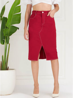 AAREIN - Women Solid Red Midi Skirt