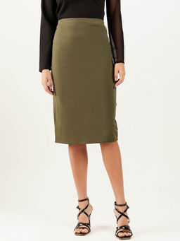 AAREIN - Women Solid Olive Knee Length Skirt