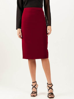 AAREIN - Women Solid Maroon Knee Length Skirt
