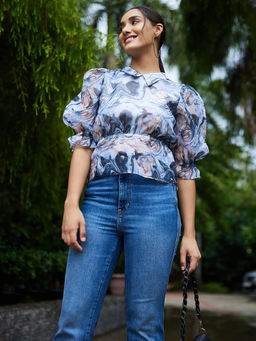AAREIN - Women Abstract Puff Sleeves Multi-Color Top