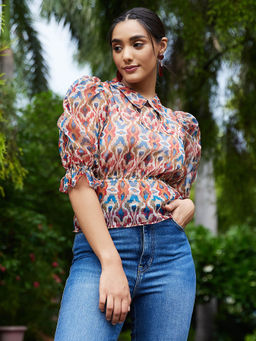 AAREIN - Women Abstract Puff Sleeves Multi-Color Top