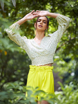 AAREIN - Women Floral Printed Balloon Sleeve Green Top