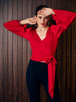 AAREIN - Women Solid Flared Sleeves Red Top