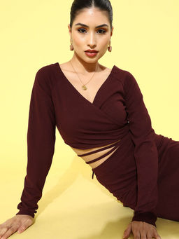 AAREIN - Women Solid Full Sleeves Maroon Crop Top