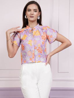 AAREIN - Women Floral Printed Half Sleeves Lavender Top