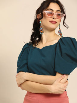 AAREIN - Women Solid Balloon Sleeve Blue Top