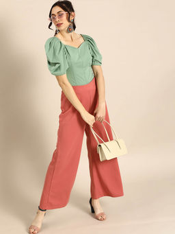 AAREIN - Women Solid Balloon Sleeve Green Top