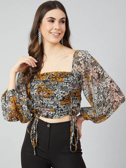 AAREIN - Women Floral Printed Balloon Sleeve Multi-Color Crop Top