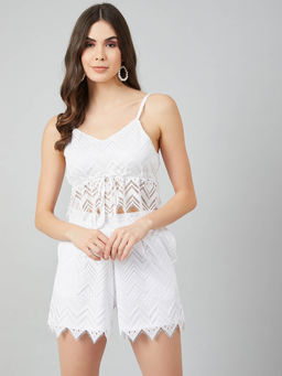 AAREIN - Women Self Design Sleeveless White Crop Top