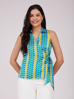 FableStreet - Women Printed Sleeveless Blue Top