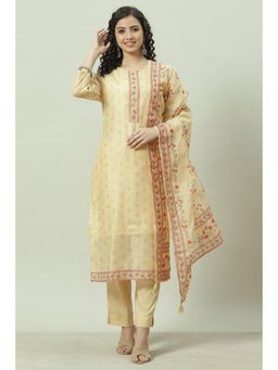 Biba - Beige Chanderi Unstitched Suit (Set of 3)