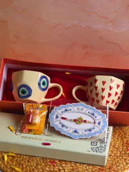 WEAVING HOMES - Heart & Evil Eye Coffee Mug & Rakhi