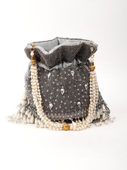 Odette - Grey Heavily Embroidered Tassel Potli Bag
