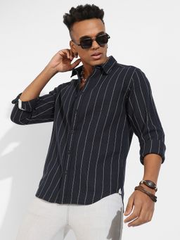 Campus Sutra - Mens Navy Blue Shadow Striped Shirt