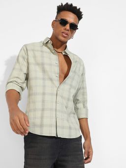 Campus Sutra - Mens Sage Green Tartan Plaid Shirt