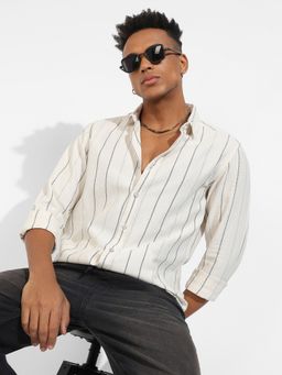 Campus Sutra - Mens Beige Contrast Pinstriped Shirt