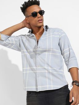 Campus Sutra - Mens Light Grey Contrast Tartan Plaid Shirt