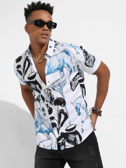 Campus Sutra - Mens Black & Blue Foliage Horse Shirt