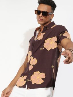 Campus Sutra - Mens Brown Hibiscus Print Shirt