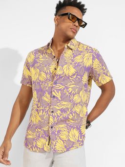 Campus Sutra - Mens Lavender & Yellow Contrast Foliage Shirt