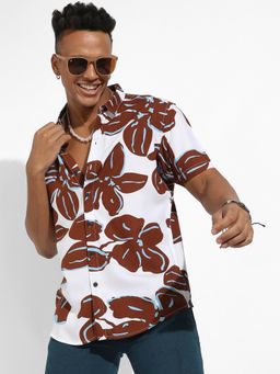Campus Sutra - Mens White & Brown Maxi Floral Print Shirt