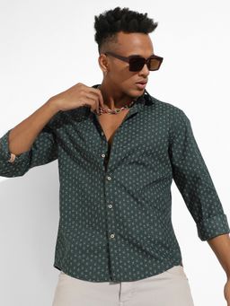 Campus Sutra - Mens Forest Green Micro Flower Shirt