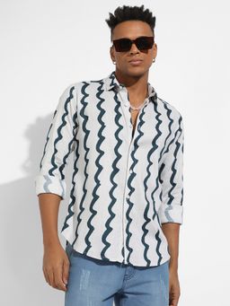 Campus Sutra - Mens White & Navy Blue Contrast Paint Lines Shirt