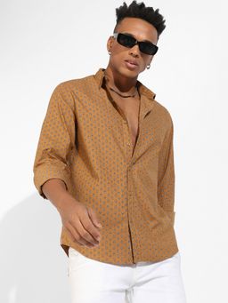 Campus Sutra - Mens Tan Brown Micro Flower Shirt