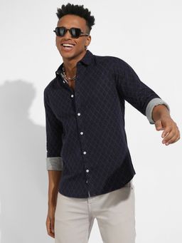 Campus Sutra - Mens Navy Blue Chalk Diamond Shirt