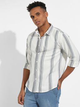 Campus Sutra - Mens White & Dark Grey Barcode Striped Shirt
