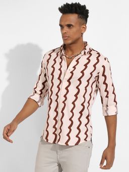 Campus Sutra - Mens Beige & Brown Contrast Paint Lines Shirt