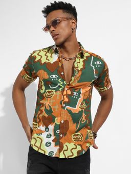 Campus Sutra - Mens Mustard Yellow & Forest Green Artistic Romance Shirt