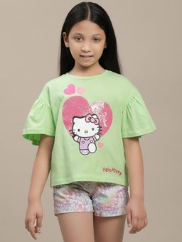 Kidsville - Green Hello Kitty Graphic Printed Relaxed Fit T-Shirt