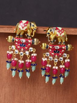 OOMPH - Red & Pink Meenakari Kundan Elephant Design Large Ethnic Drop Earrings