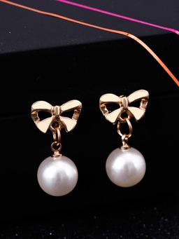 OOMPH - Gold Tone White Pearl Bowknot Shape Small Office Wear Fashion Drop Earrings