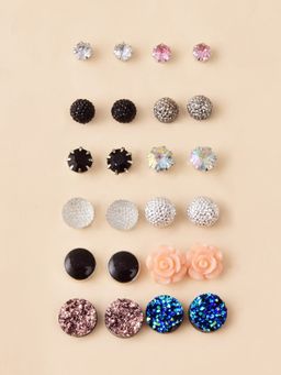 OOMPH - Silver Tone Crystal & Shimmer Fashion Ear Stud Earrings (Set of 12)