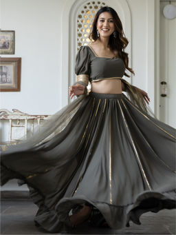 Lavanya The Label - Grey Georgette Lehenga (Set of 3)