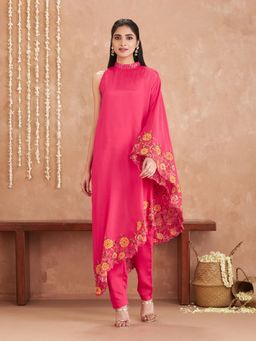 Gajra Gang - Amaira Hot Pink Floral Embroidered Assymetrical Co-ord Set (Set of 2)