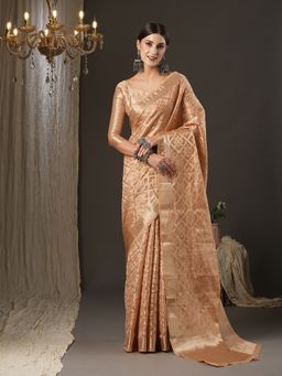 Akhilam - Womens Organza Peach Woven Design Designer Saree with Unstitched Blouse